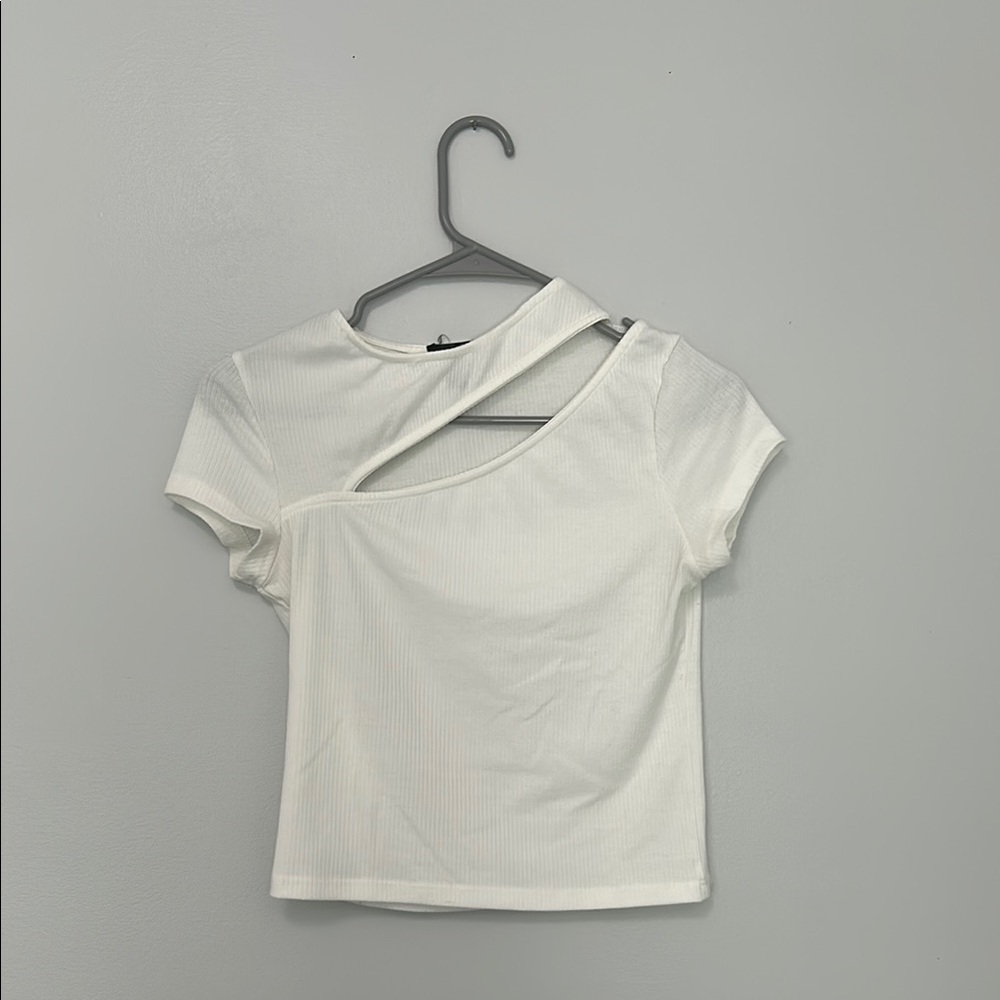 Aqua White Asymmetrical Cut-Out Short Sleeve Tee